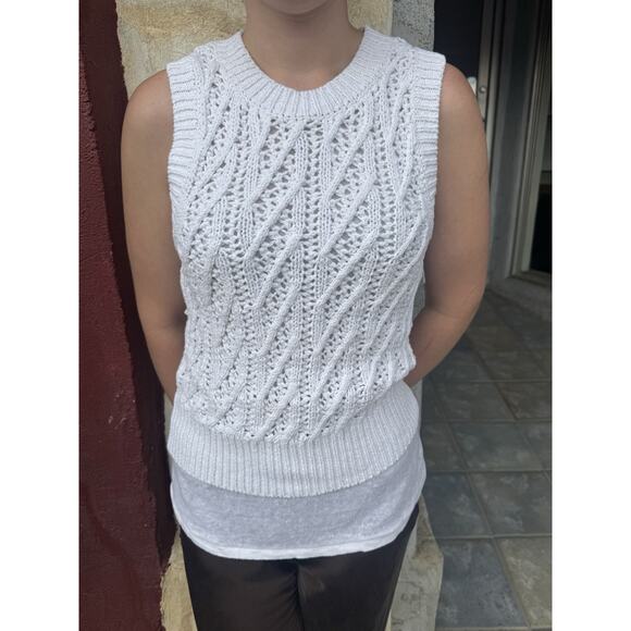 Brochu Walker M White Linen Cotton Blend Sleeveless Cable Knit Sweater - Picture 4 of 7